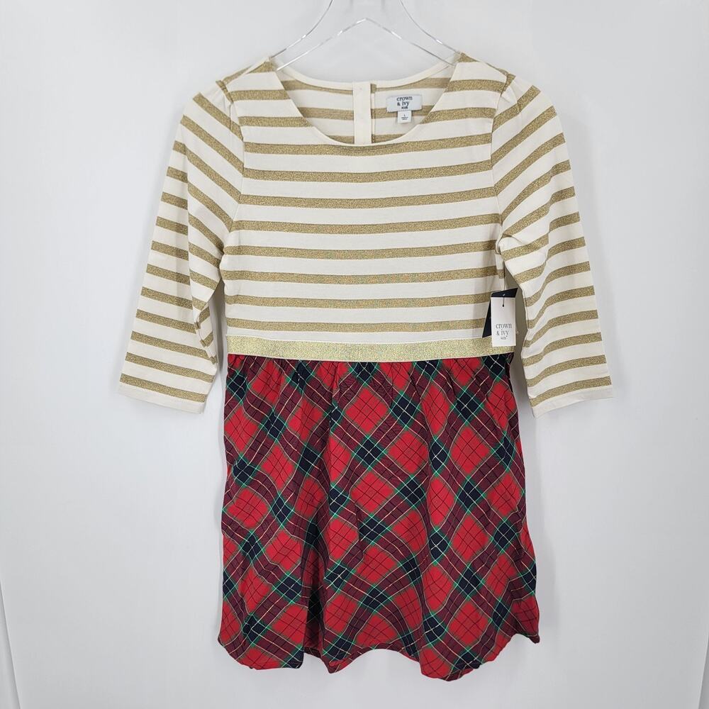 Crown and Ivy Kids Girls Dress Size Large Red Plaid Striped Shimmer Gold Holiday